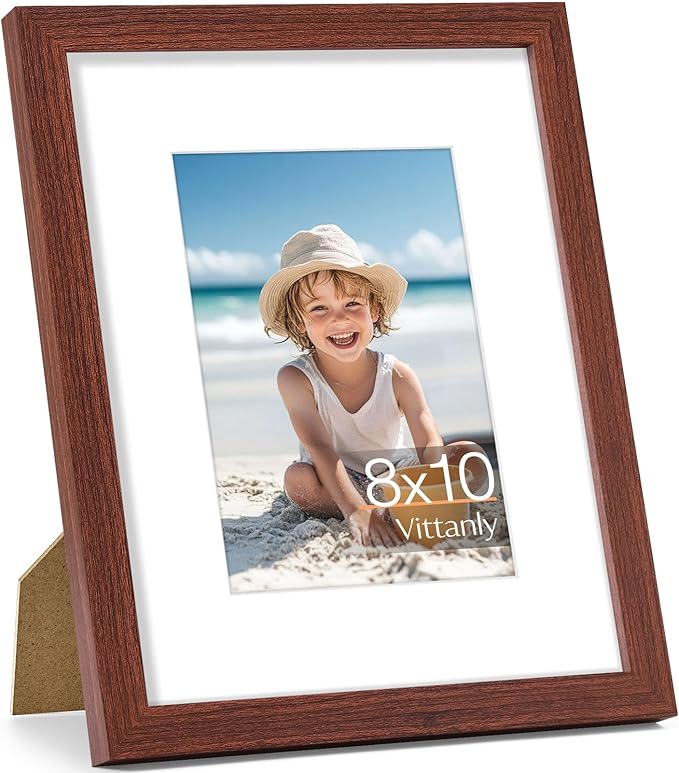 Vittanly 8x10 Picture Frame, Made of Solid Wood and Shatterproof Plexiglass, Display Pictures 5x7 with Mat or 8x10 without Mat, Wooden Photo Frame for Wall Mounting or Tabletop Display, Brown, 1 Pack
