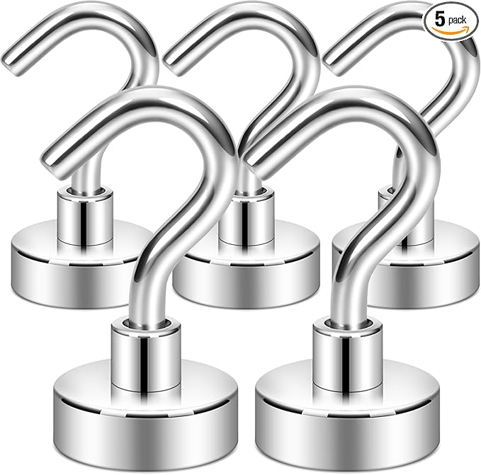 Neosmuk Magnetic Hooks, Cruise Ship Essentials, 30lb+ Heavy Duty Magnetic Hooks for Cruise Cabins, Refrigerator, Grill, Hanging, and Travel | Extra Strong Must-Haves Magnet Hook,Silver,5 Pack