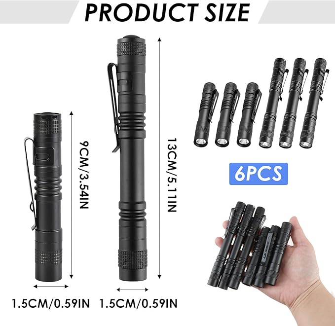 Mini Flashlight, AAA Small Pen Light with Clip, Portable 500lm Pocket Pen Flashlight for Inspection Repair Outdoor Emergency (6 Pack, Black, 3.5" & 5.1")