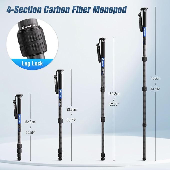 LEOFOTO 65" Lightweight Travel Carbon Fiber Monopod, 4 Section Professional Video Monopod with Wrist Strap for DSLR Mirrorless Camera, Max Load 18kg/39.68lb