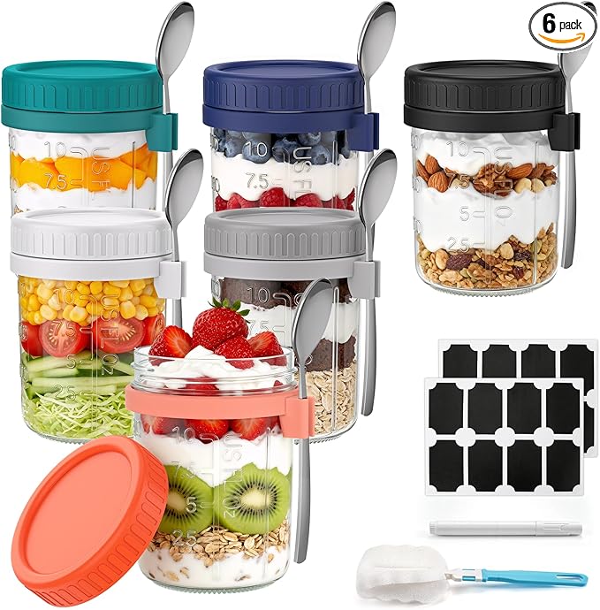 Cozyverge 6 Pack Overnight Oats Containers with Lids and Spoons, 16 oz Airtight Oatmeal Container with Measurement Marks, Overnight Oats Jars for Cereal Fruit Vegetable Milk Salad Yogurt Meal Prep