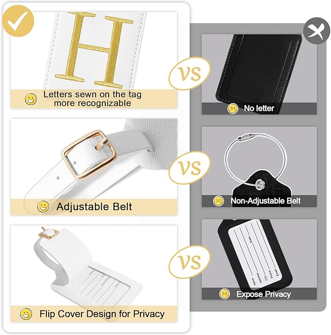 Initial Luggage Tags for Suitcases, Cute Embroidered Letter Luggage Bag Suitcase Identifier Name Baggage Tag, PU Leather Travel Luggage Tags, Bag Tags for Men Women Kids Luggage Handbags(White H)
