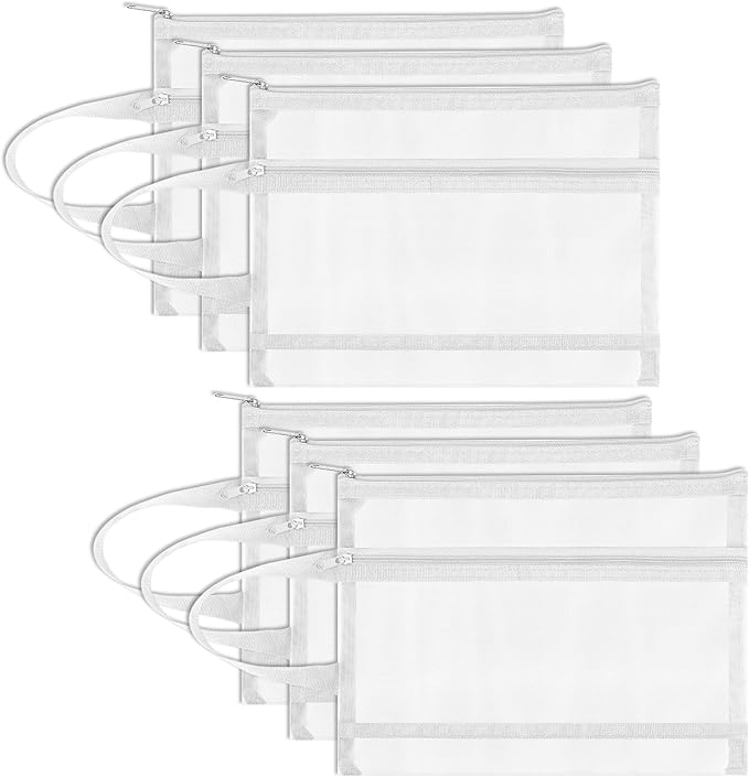 Fassave 6 Pack Mesh Zipper Pouch Bags, Double Layer Nylon Pouch with Handle for Office Travel Organization (White, A5)