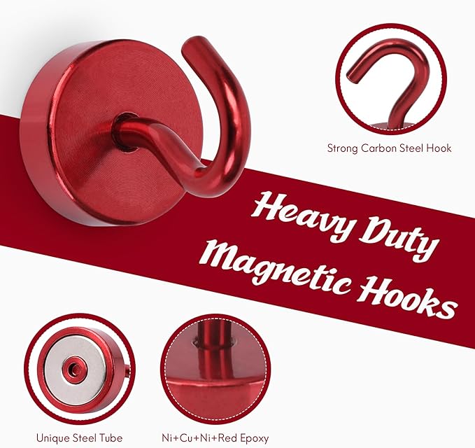 Neosmuk Magnetic Hooks, Cruise Ship Essentials, 40lb+ Heavy Duty Magnetic Hooks for Cruise Cabins, Refrigerator, Grill, Hanging, and Travel | Extra Strong Must-Haves Magnet Hook,Red,Pack of 5