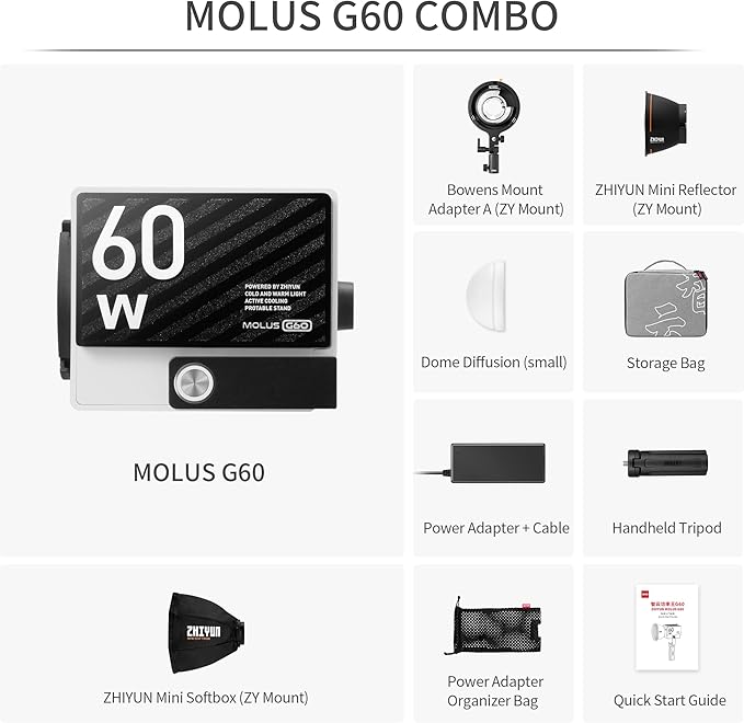 ZHIYUN Molus G60 Combo, Bi-Color Video Light, 300g Portable 60W COB LED Continuous Output Lighting, CRI≥96, TLCI≥97, Bluetooth App Control with Bowens-Mount Accessories DC/PD Power Supply