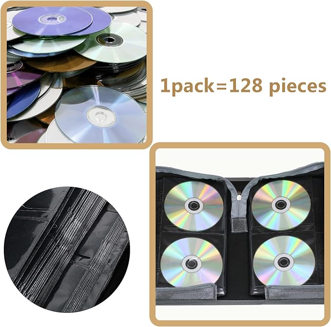 DVD Case CD Storage,128 Capacity CD Cases Holder DVD Storage Case Holders CD DVD Disc Case Storage Wallet Binder for Car Home Office Travel (128 Silvery)