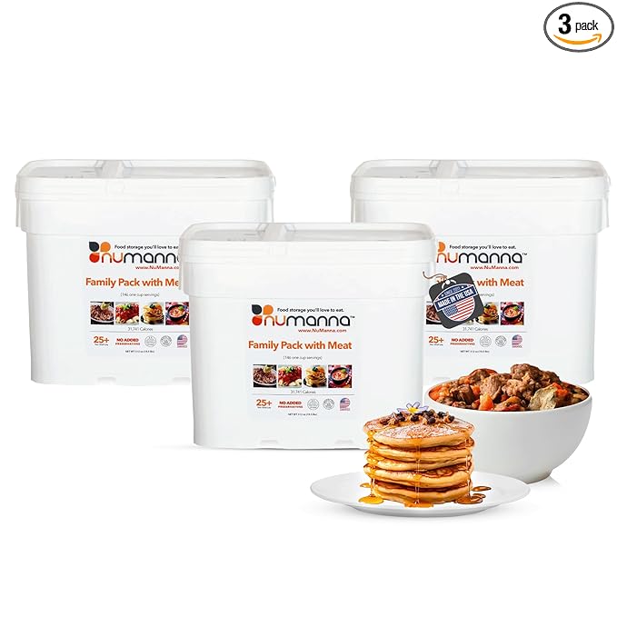 Numanna Family Pack with Meat Bucket 438 Servings | 3-Months Emergency Protein-Rich Meals | Easy to Prepare for Everyday Use, Prepping & Camping | 25+ Year Shelf Life | Made in USA | Food-Grade Bucket