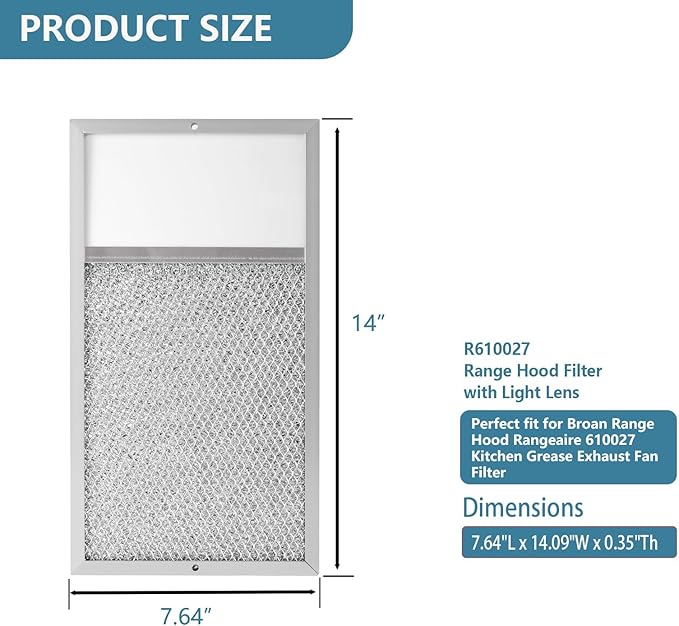R610027 Range hood Filter with Light Lens Replacement For Broan range hood R610027 SR610027 1568322 1568323 PM25WW PM25BL AL9245 Aluminum Mesh Grease Filter 7-5/8" x 14-1/8" x 3/8" 2 Pack