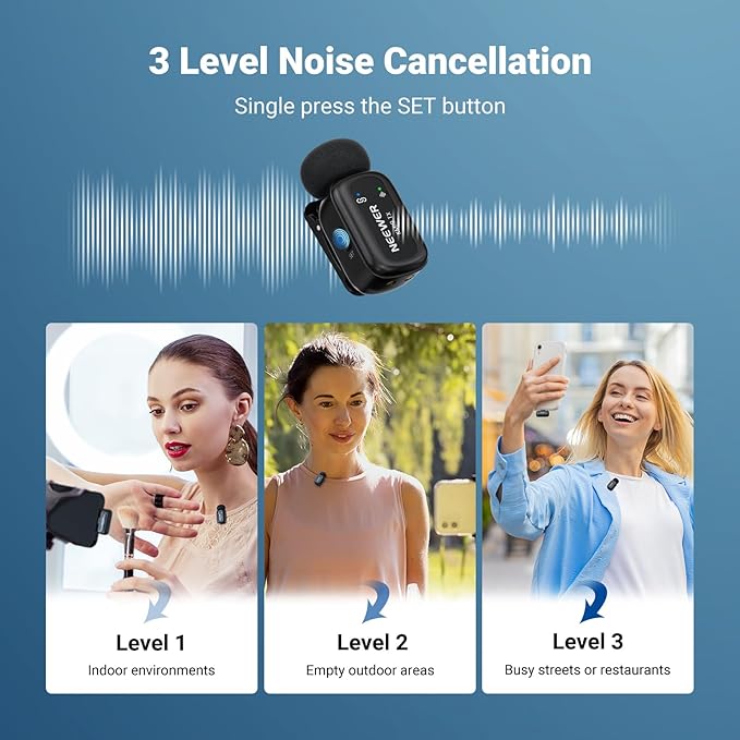 NEEWER KM19 Lightweight Wireless Lapel Microphone, 48kHz/24bit 30H Battery 3-Level Noise Cancelling Mute Stereo 100m Range Mini Lav Mic with App Control, Compatible with iPhone Android Phone PC