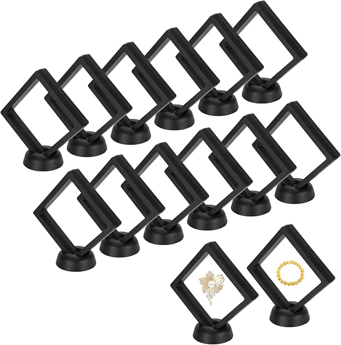 12PCS 3D Floating Frame Case with Stands, Challenge Coin Display Stand Holder, Gift Packing Frame Showcase for Earrings, Jewelry, Medallions, Specimens, 3.54x3.54 Inch (Black)