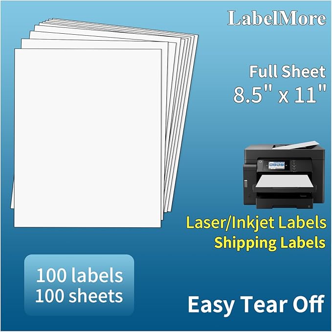 LabelMore 100 Sheets, Printable Sticker Paper, 8.5" x 11" Sticker Printer Paper Sheet for Laser & Inkjet Printers