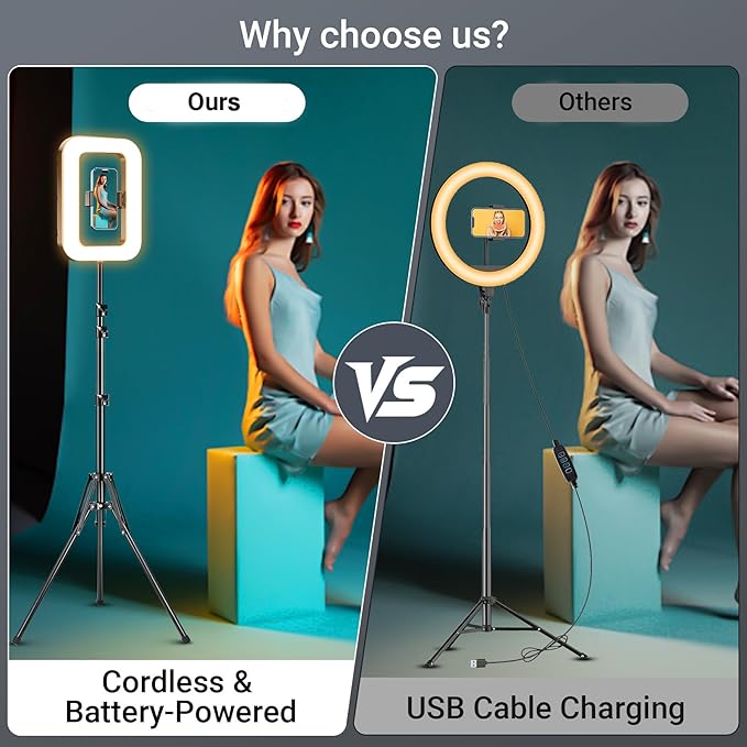 Rechargeable Ring Light with Stand for Video Recording, Dimmable Lighting Tripod for iPhone, Square Light with Phone Holder for Content Creators, Selfie, Makeup, Live Streaming, TikTok