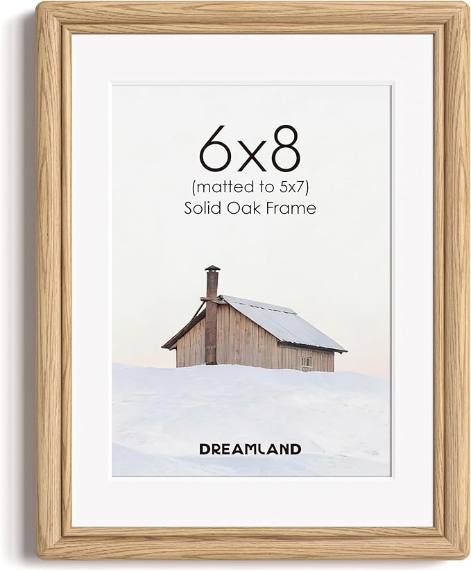 Dreamland 6x8 Picture Frames, Solid Oak Wood 6 by 8 Photo Frame with Stand for Tabletop Display, 6x8 Frame with Mat for 5x7, Rustic Wood 6 x 8 Picture Frame with Tempered Glass