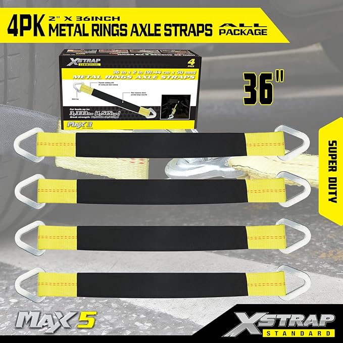 XSTRAP STANDARD 4 Pack of 36 x 2" Axle Strap with Protective Sleeve and D-Ring for Securing Car Transport, Axle Tie Down Straps - 3333 Lb. Capacity 10,000 Breaking Strength