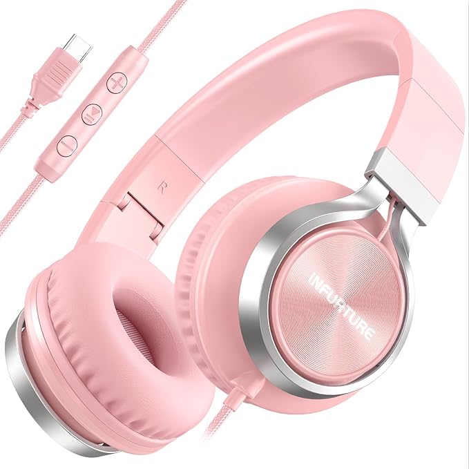 USB C Headphones Wired with Mic & Volume Control, Tangle-Free, Type C Over-Ear Headphones, Lightweight/Foldable Kids Headphones Wired Headphones USB C for iPad/Sports/School/Travel/iPhone 17/16/15