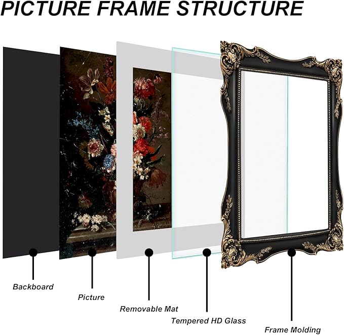 8x10 Black Vintage Picture Frame with Mat for 5x7 or 8 x 10 Photos, Ornate Baroque Gothic Victorian Frames, Tabletop or Wall Display, Antique Home Decor Accent