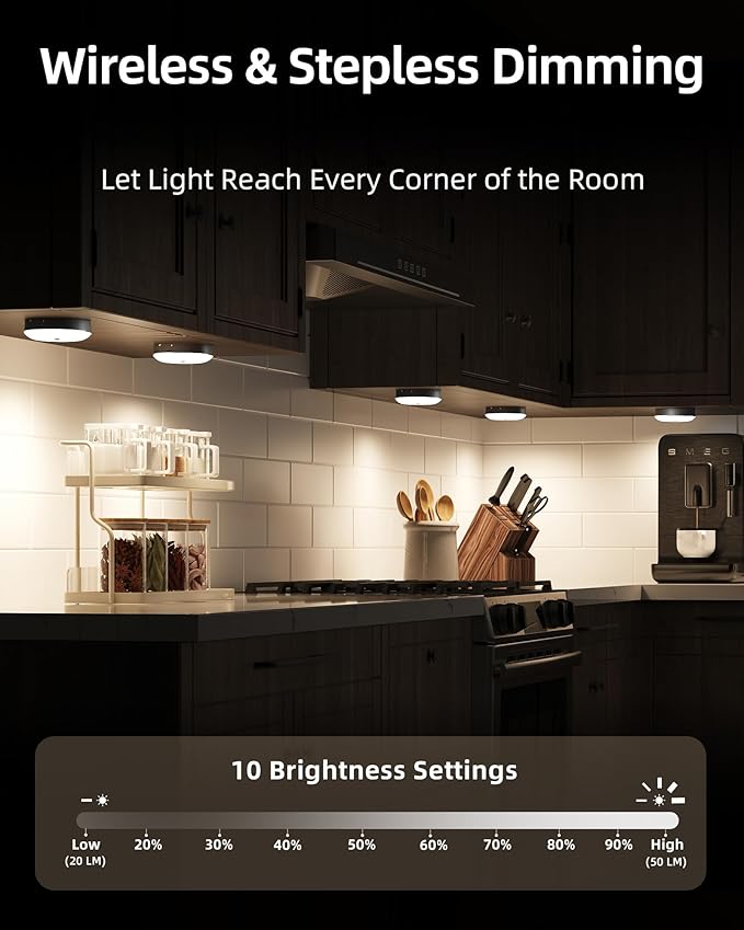 EZVALO Under Cabinet Lighting,1000mAh Rechargeable Puck Lights with Remote,3 Color Temps & 12 RGB Motion Sensor Closet Lights Indoor, Dimmable Under Counter Lights for Kitchen, Shelf Black (6 Packs)