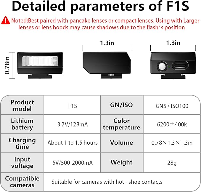 Upgrade Aluminum F1s Mini Camera Flash for Ricoh GR3/GR3X/Fuji/Sony ZV1/Nikon/Canon/Olympus/Digital Film Cameras,Portable Hot Shoe Camera Flash Speedlite for DSLR Camera(Black).
