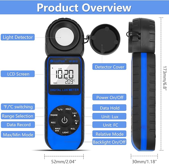 HOLDPEAK 881D Illuminance Light Meter, Digital Lux Foot Candles Meter 0.1~400,000 Lux (0.1~40,000 FC) with 270º Rotatable Detector, Lumen Meter Luxmeter for Plants LED Lights Indoor Outdoor