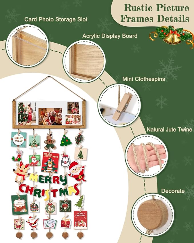 Bikoney Rustic Collage Photo Display Wall Decor with Happy Birthday Banner, Gift Card Storage and 30 Clips for Dorm Room, Bedroom and Home