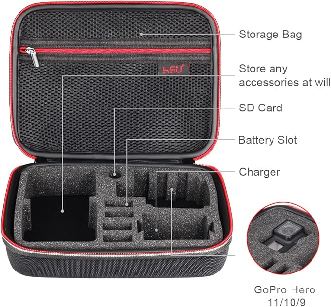 HSU Middle Protective Carrying Case for GoPro Hero 13, 12, 11, 10, 9, 8, 7, 6, 5, 4 Black and Accessories, Compact and Safe Action Camera Travel Storage Solution for Adventurers