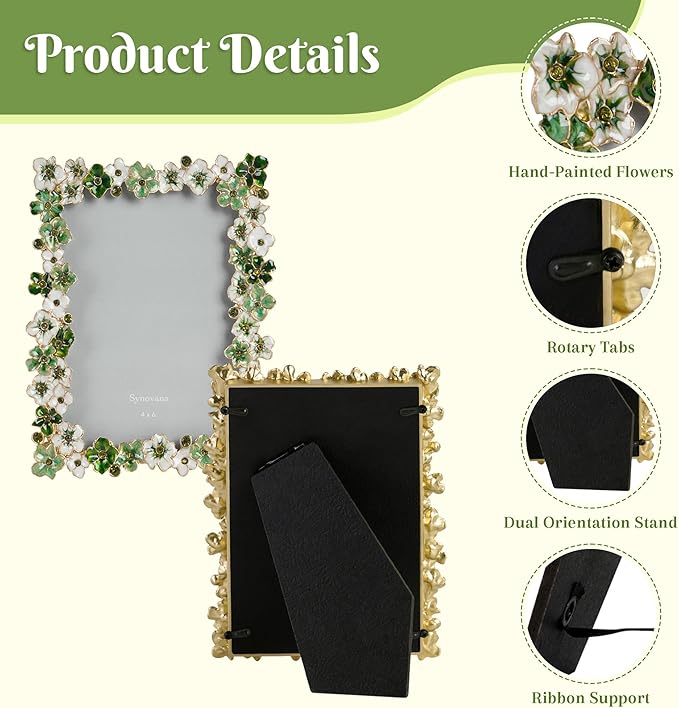 Green Flower Picture Frame 4x6 Blossom Photo Frame for Tabletop Display, Decorative Flower Design Home Decor