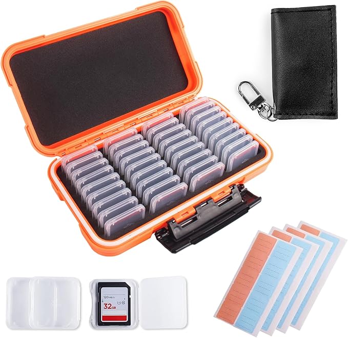 Micscrew 36 Slots Memory Card Case Orange with 36 Transparent Holders & 40 Writable Labels, SD Card Storage Case & Organizer for Camera Memory Cards