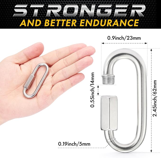 Sprookber Stainless Steel Quick Links - 304 Heavy Duty Chain Connector, Screw Locking Carabiner, Hooks, Set of 4