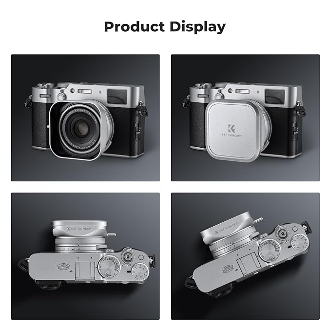 K&F CONCEPT Silver Square Metal Lens Hood Lens Cap Kit Compatible with Fujifilm X100/X100F/X100S/X100T/X100V/X100VI Camera Accessories