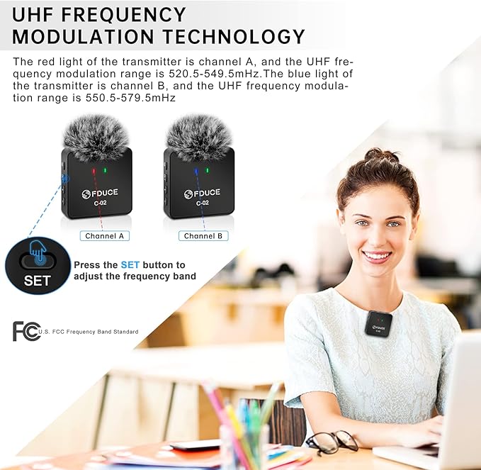 FDUCE Dual UHF Wireless Lavalier Microphone System for Phone & Camera, Mini Portable Clip On Condenser Mics, Lapel Microphones Wireless for YouTube, Podcast, Interview, Streaming, ASMR Recording