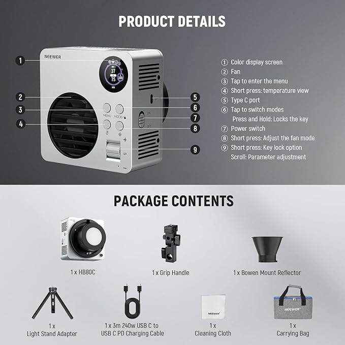 NEEWER HB80C 80W RGBWW LED Video Light with 72Wh Battery & 100W PD Fast Charging, 10400lux/m Brightness, 2500K-7500K CCT, 18 Lighting Effects, Bowens Spotlight for Studio Photography & Video Recording