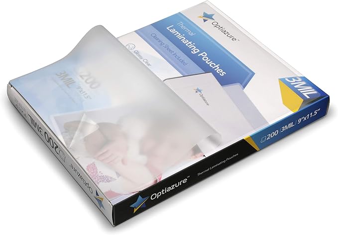 Optiazure Thermal Laminating Pouches 9"x11.5" Inches, 3mil 200Pack, Laminated Paper, Clear, Letter Size, Office and School Supplies