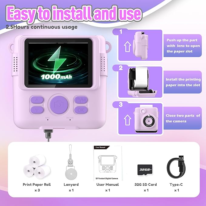 Instant Print Camera for Kids, Christmas Birthday Gifts for Girls Boys Age 3-12,Kids Digital Cameras for Toddler, Portable Toy for 3 4 5 6 7 8 9 10 Year Old Girl with 32GB SD Card-Purple