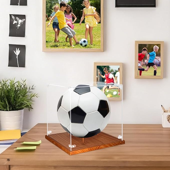Clear Acrylic Soccer Ball Display Case with Wood Base & Tee, Memorabilia Stand Cube Holder, Dust Protection Transparent Storage Box for Single Ball Souvenir Soccer Ball Collections