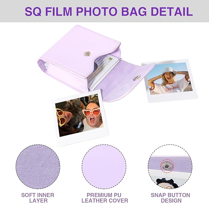 WOGOZAN Square Album for Fujifilm Instax Square/SQ1/SQ40/SQ6/SQ10/SQ20/SP-3 Instant Camera 2.9x3.4 Inch Film for Instax Square Film, Photo Album for Polaroid Mini Pictures, SQ Photo Pouch Bag (Purple)