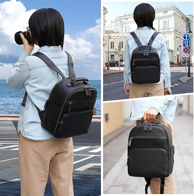 Small Camera Backpack Classic PU Leather for DSLR, Professional Camera Bag for Photographers with 11 Inch Pad/Tablet Compartment Small 10L Black