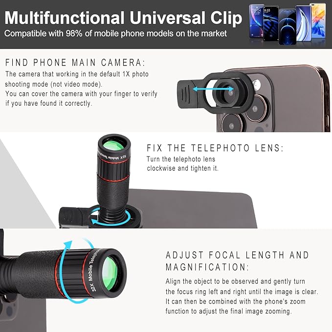 32X Telephoto Phone Lens, High Power HD Lens Attachment with Adjustable Tripod & Universal Clip, Compatible with iPhone Android, Ideal for Bird Watching, Concert, Outdoor Photography