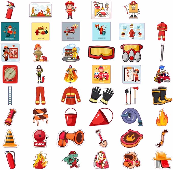 BulbaCraft Firefighter Stickers for Kids, 100Pcs Vinyl Decals, Waterproof, Reusable, Party Favors, School Supplies, Fire Truck Theme, Unisex