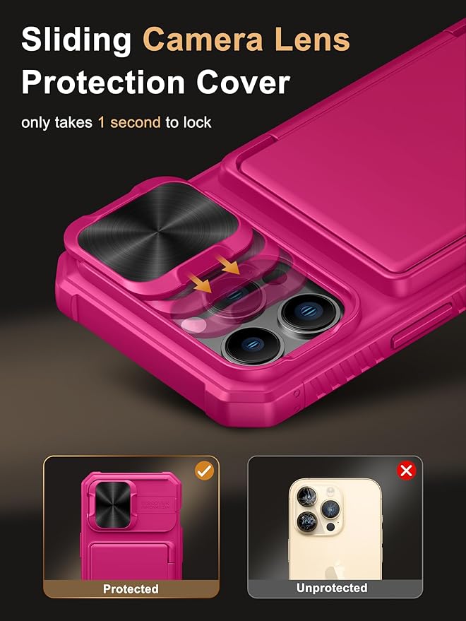 Vihibii for iPhone 13 Pro Case with Card Holder (4 Cards), [RFID Blocking] & Slide Camera Cover & Raised Edges Protect Screen, Military Grade Drop Protection, Rugged Wallet Case, 6.1" 2021, Pink