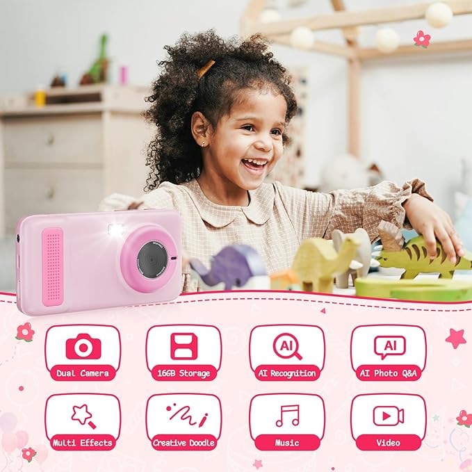 AI Digital Camera,AI Kids Camera Everything Recognition for 4 to 12 Years Old Girls Boys, Dual Lens,2.4GHz Wi-Fi,4" LCD Touch Screen,Gift Ideas for Birthday Christmas Festival