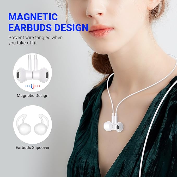 USB C Headphones for iPhone 17 Air 16 Pro Max 15, Type C Earphones with Microphone Magnet HiFi Stereo Wired Earbuds for Samsung Galaxy S26 S25 Ultra S24+ 23 A53 S21 S20 FE Flip 7 Fold/Pixel 10, White