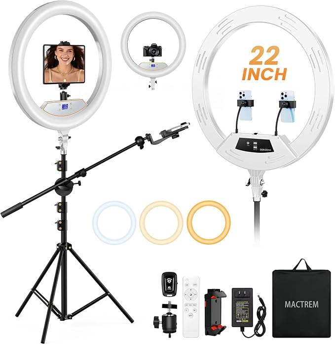 Ring Light 22inch Kit: Ring Light Tripod for iPhone ipad,with 75" Tripod/LCD Display/4 Phone Tablet Clips/2 USB Ports,LED RingLight for Barber Makeup Tattoo TikTok Video Recording Vlog (White)