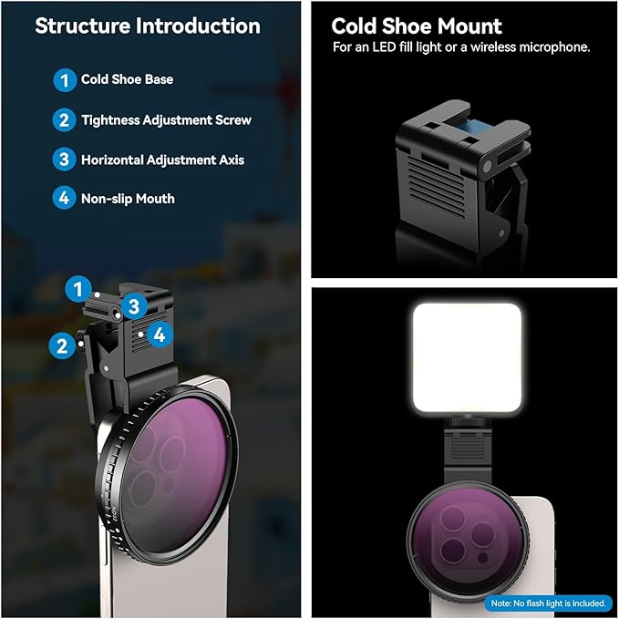 APEXEL 67mm Variable ND2-32 ND Filter for iPhone/DSLR Neutral Density Filter for iPhone Camera Lens 16 15 14 13 12 Pro Max Samsung Galaxy Huawei with Adapter Ring, Universal Clip, Cold Shoe