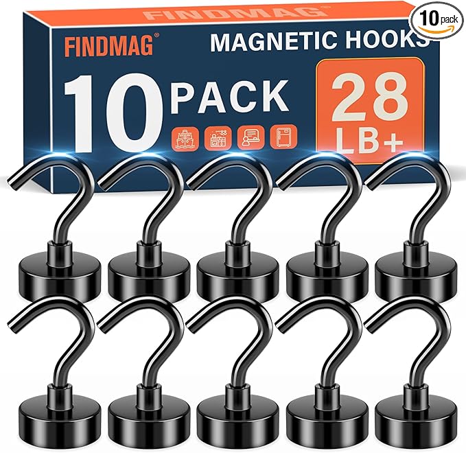 FINDMAG Black Magnetic Hooks, 28lbs Cruise Magnets, N52 Heavy Duty Magnets with Hooks, Neodymium Rare Earth Magnetic Hooks for Hanging, Powerful Magnet Hooks for Camper, Kitchen, Ship, Travel, 10 Pack