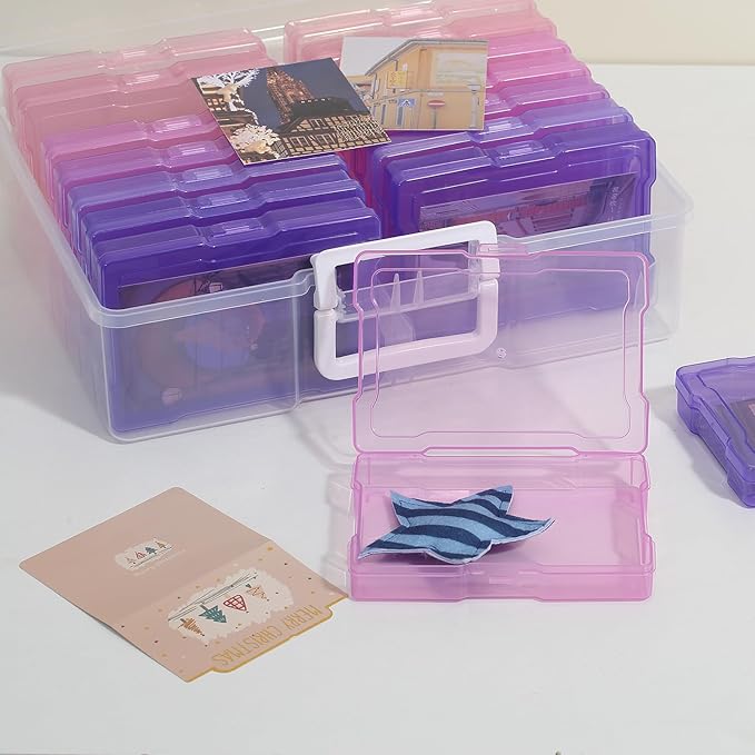 Party Club of America 4"x6" Photo Storage Box with Handle Photo Case Craft Keeper Picture Storage Containers 16 Inner Photo Organizer Large Gradient Pink-Purple Series