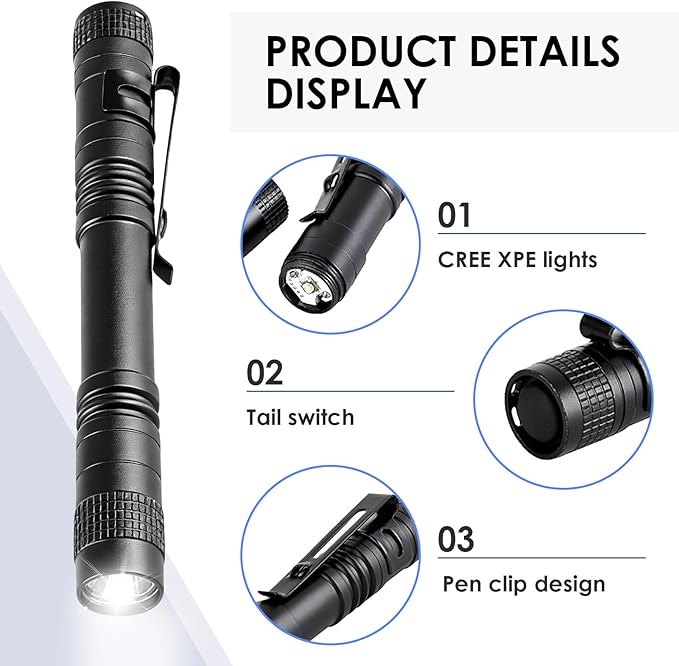 Mini Flashlight, AAA Small Pen Light with Clip, Portable 500lm Pocket Pen Flashlight for Inspection Repair Outdoor Emergency (6 Pack, Black, 3.5" & 5.1")