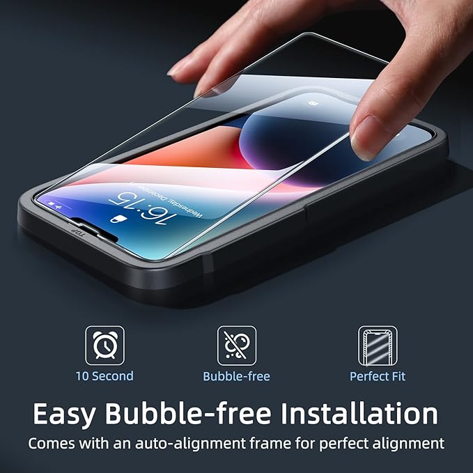 ruwa Screen Protector for iPhone 13/13 Pro/14/16e [3-Pack] [6.1 Inch] Display Tempered Glass Film with Easy Installation Frame, Ultra HD, 9H Hardness, Scratch Resistant, Case Friendly, Full Coverage