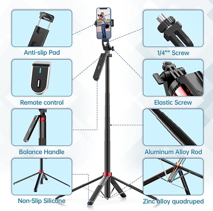 ULANZI MA09 71'' Phone Tripod, Selfie Stick Cell Phone Tripod Stand with Wireless Remote Control 360° for Rotation Travel Selfie Video Recording Live Compatible with iPhone Android Camera Action GoPro