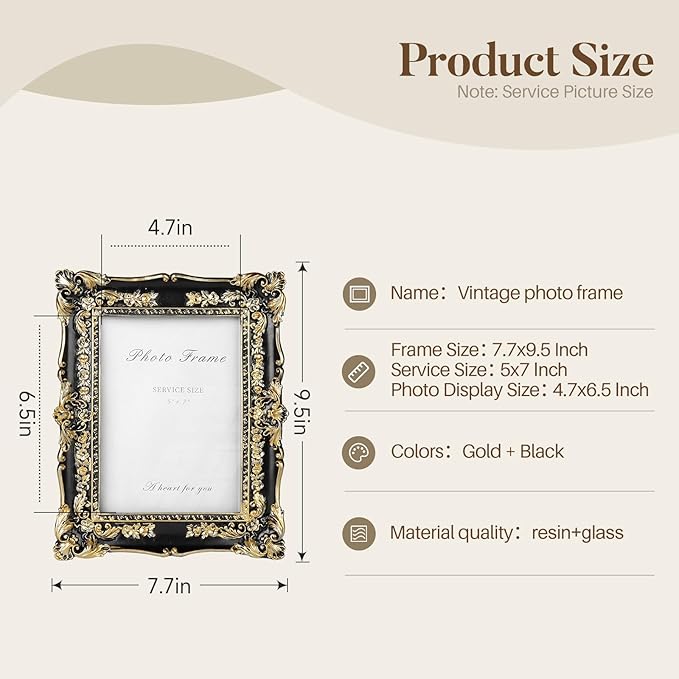 Cuspin 5x7 Picture Frame Black and Gold Frames, Vintage Baroque Handcrafted Resin Frames with Glass Front, Ornate Textured Design Decorative Picture Frame for Tabletop & Wall Display