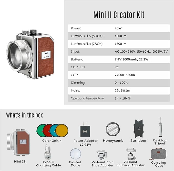 Harlowe Mini II Photography Lighting Creator Kit 20W - Portable Bi-Color LED Camera Light 2700K-6500K - Magnetic Mount System, Adjustable Beam, V-Mount Compatible, Desktop Tripod Included